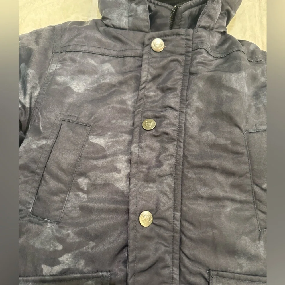 Appaman black camo toddler down filled puffer jacket with hood sherpa lining